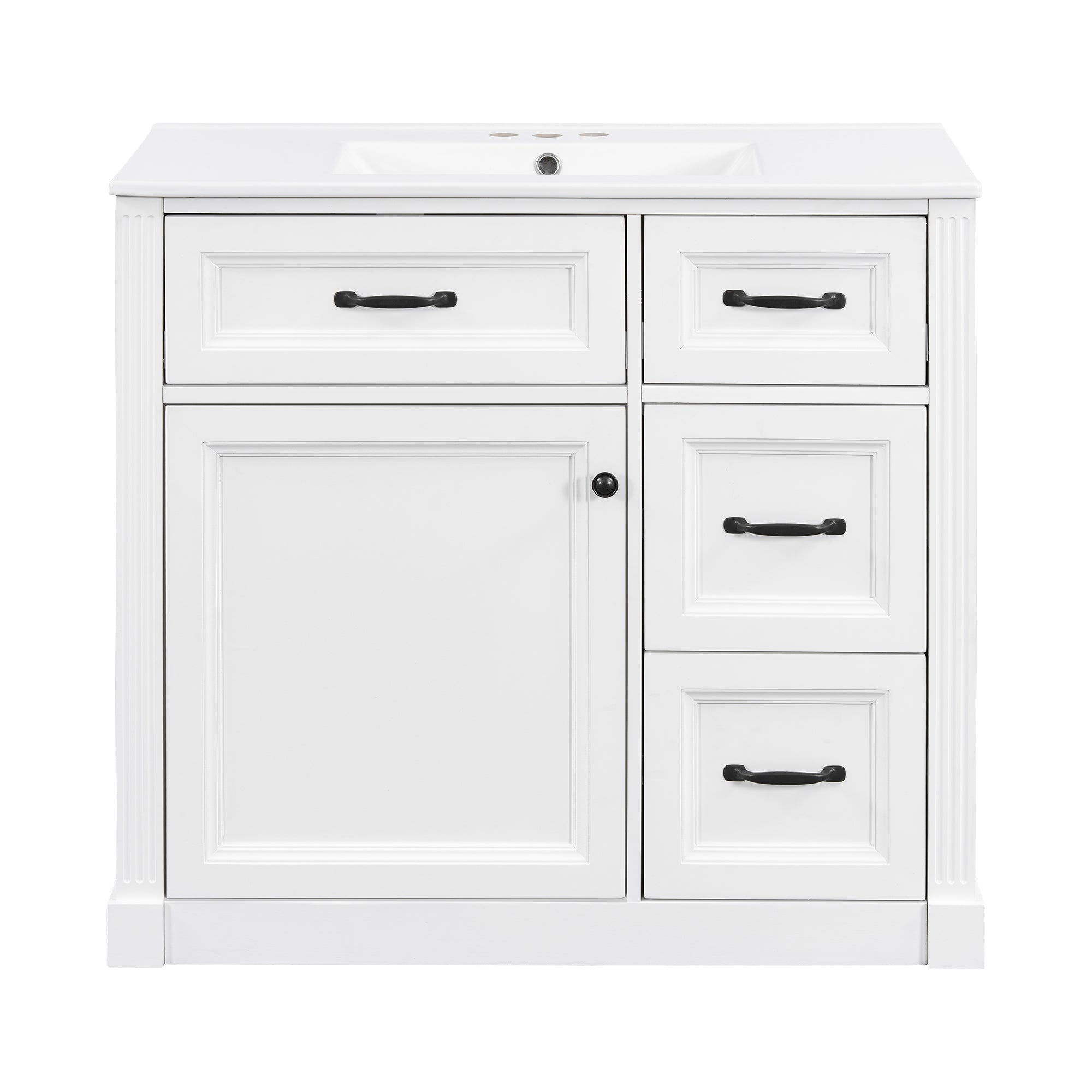 VanityFus 36-in White Bathroom Vanity Single Sink Combo Ceramic Top 1 Soft Close Door 4 drawers Undermount Adjustable Shelves
